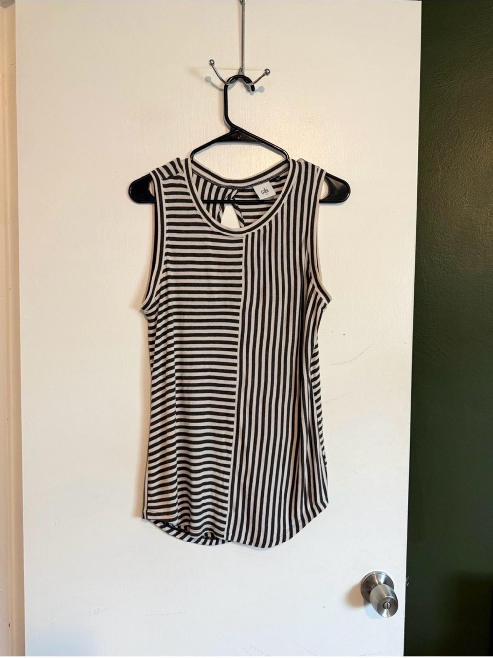 Cabi charcoal gray and white striped long London tank top size small